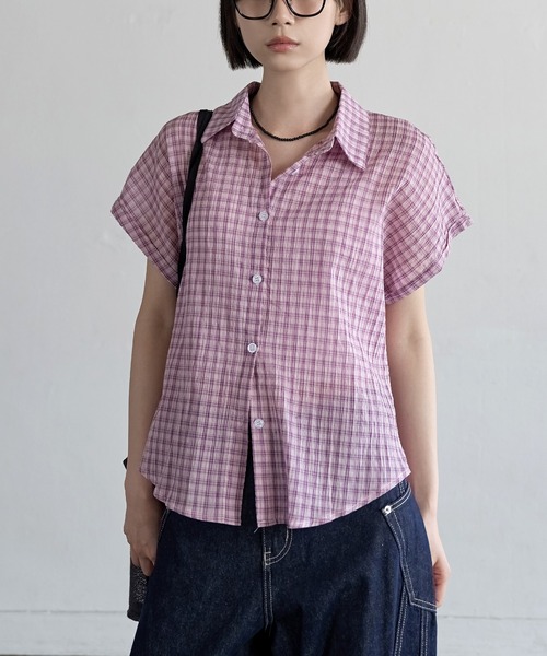 シアーシースルーロールアップビンテージチェックシャツ