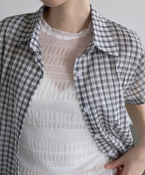シアーシースルーロールアップビンテージチェックシャツ