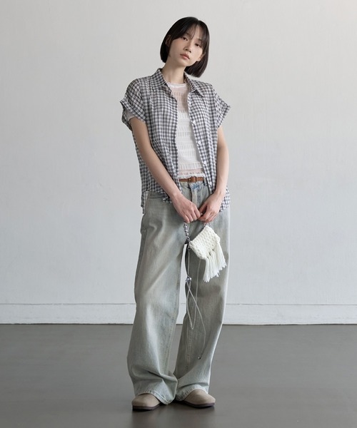 シアーシースルーロールアップビンテージチェックシャツ