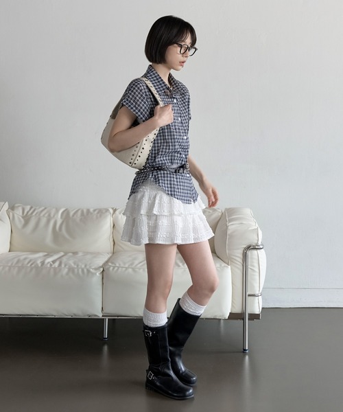 シアーシースルーロールアップビンテージチェックシャツ