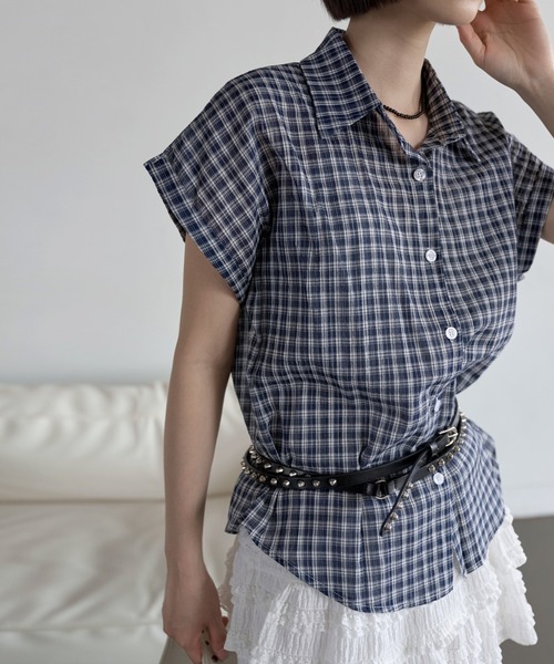 UNE MANSION(ユヌマンション)の「シアーシースルーロールアップビンテージチェックシャツ(シャツ/ブラウス・レディース・ホワイト/ピンク/ネイビー・FREE)」の18枚目の写真