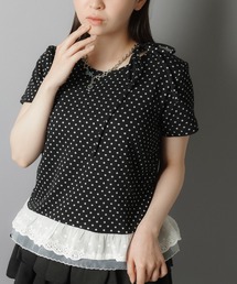 【日本製】ドットリボン半袖カットソー【アンプリ】 ドット とレースの」に該当するトップス（リボン）ファッション