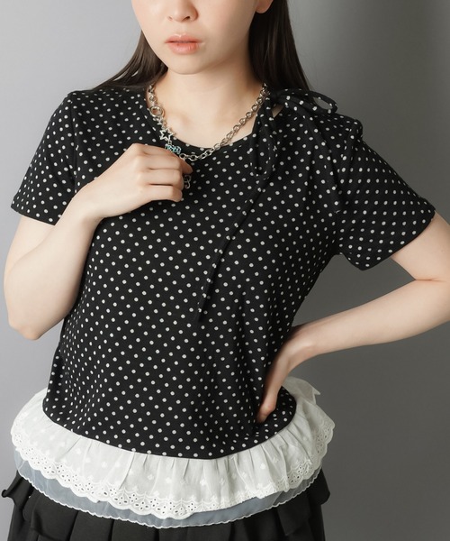 【日本製】ドットリボン半袖カットソー【アンプリ】 日本製】ドットリボン半袖カットソー【アンプリ】 SPINNS t