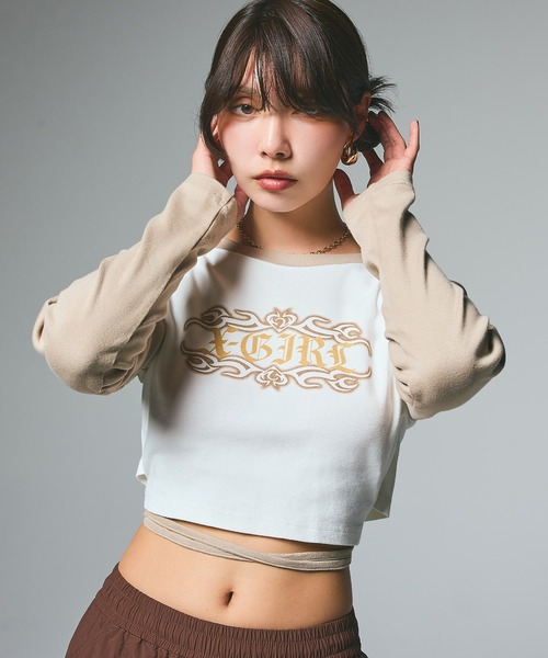 X-girl(エックスガール)の「FADED TRIBAL LOGO RAGLAN L/S BABY TEE(Tシャツ/カットソー・レディース・ブラック/オリーブ/ホワイト・S/M)」の2枚目の写真