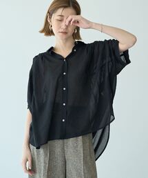 まー•*¨*•.¸♬︎ウェーブネック袖シアートップス ブラック BLACK LABEL〕：セットアップ クールマックス7分袖トップス