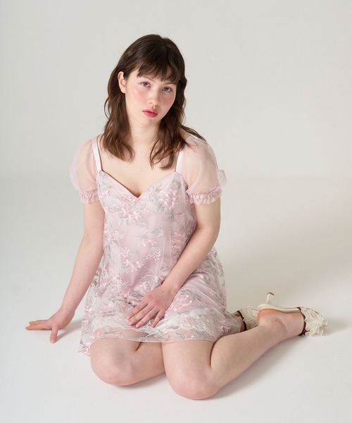 TINA:JOJUN(ティーナジョジュン)の「花柄刺繍 シアーパフスリーブワンピース TINA:JOJUN(ワンピース・レディース・ライトブルー/ピンク・M)」の8枚目の写真