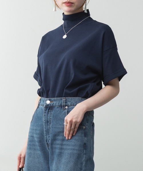 RCD(アールシーディー)の「【コットン100%】ハイネック半袖カットソー(Tシャツ/カットソー・レディース・ネイビー/ブラック/グレイッシュベージュ/オフホワイト/チャコールグレー・M-L/LL~3L/4L~5L)」の5枚目の写真