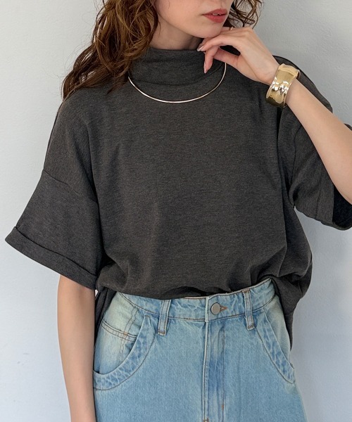 RCD(アールシーディー)の「【コットン100%】ハイネック半袖カットソー(Tシャツ/カットソー・レディース・ネイビー/ブラック/グレイッシュベージュ/オフホワイト/チャコールグレー・M-L/LL~3L/4L~5L)」の3枚目の写真