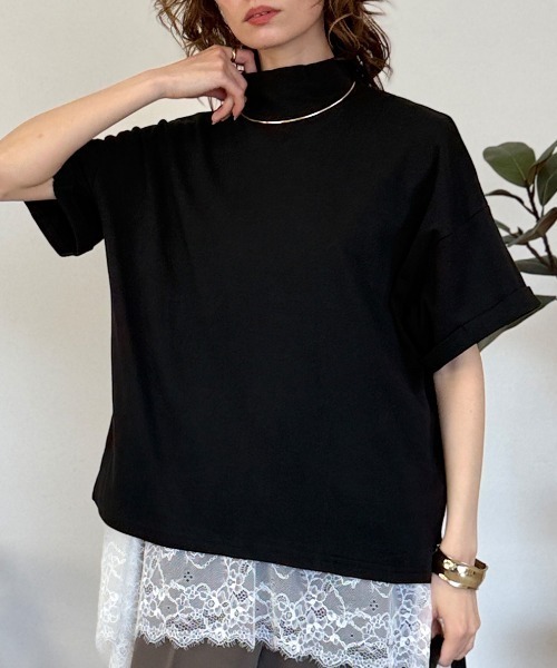 RCD(アールシーディー)の「【コットン100%】ハイネック半袖カットソー(Tシャツ/カットソー・レディース・ネイビー/ブラック/グレイッシュベージュ/オフホワイト/チャコールグレー・M-L/LL~3L/4L~5L)」の1枚目の写真