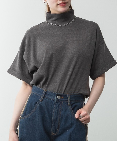 RCD(アールシーディー)の「【コットン100%】ハイネック半袖カットソー(Tシャツ/カットソー・レディース・ネイビー/ブラック/グレイッシュベージュ/オフホワイト/チャコールグレー・M-L/LL~3L/4L~5L)」の21枚目の写真