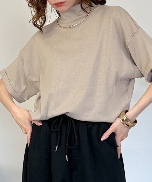 RCD(アールシーディー)の「【コットン100%】ハイネック半袖カットソー(Tシャツ/カットソー・レディース・ネイビー/ブラック/グレイッシュベージュ/オフホワイト/チャコールグレー・M-L/LL~3L/4L~5L)」の22枚目の写真