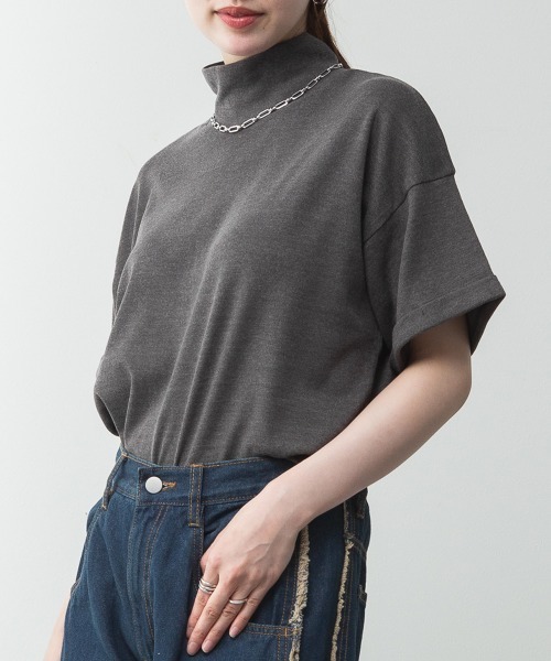 RCD(アールシーディー)の「【コットン100%】ハイネック半袖カットソー(Tシャツ/カットソー・レディース・ネイビー/ブラック/グレイッシュベージュ/オフホワイト/チャコールグレー・M-L/LL~3L/4L~5L)」の12枚目の写真