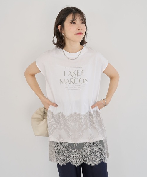 Green Parks(グリーンパークス)の「フレンチスリーブ裾レースロゴチュニック(チュニック・レディース・オフホワイト/ブルー/ブラック/ブラウン・FREE)」の18枚目の写真