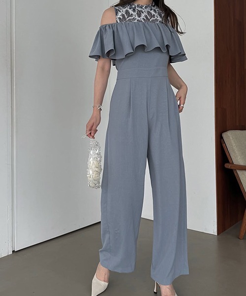 WILLFULLY（ウィルフリー）の「lace switching frill off shoulder all-in-one（つなぎ/オールインワン・レディース・ブラック/ブルー系その他/オレンジ系その他・M/S）」の3枚目の写真