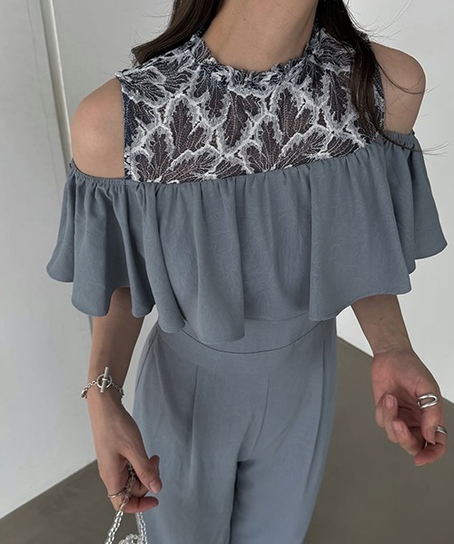 WILLFULLY（ウィルフリー）の「lace switching frill off shoulder all-in-one（つなぎ/オールインワン・レディース・ブラック/ブルー系その他/オレンジ系その他・M/S）」の8枚目の写真