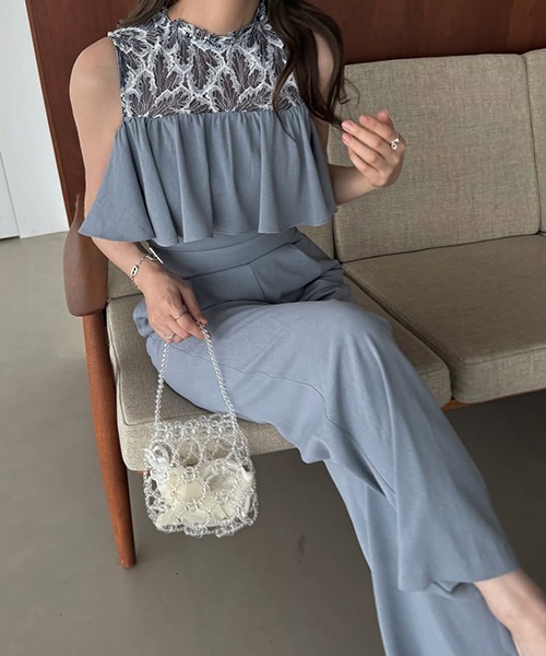 WILLFULLY（ウィルフリー）の「lace switching frill off shoulder all-in-one（つなぎ/オールインワン・レディース・ブラック/ブルー系その他/オレンジ系その他・M/S）」の6枚目の写真