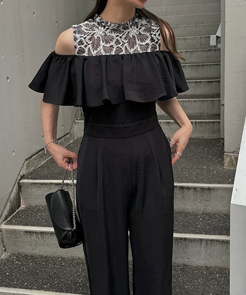 WILLFULLY（ウィルフリー）の「lace switching frill off shoulder all-in-one（つなぎ/オールインワン・レディース・ブラック/ブルー系その他/オレンジ系その他・M/S）」の12枚目の写真