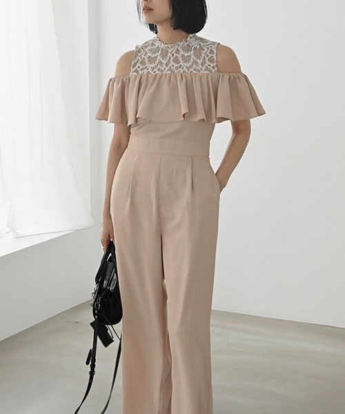 セール】lace switching frill off shoulder all-in-one（つなぎ