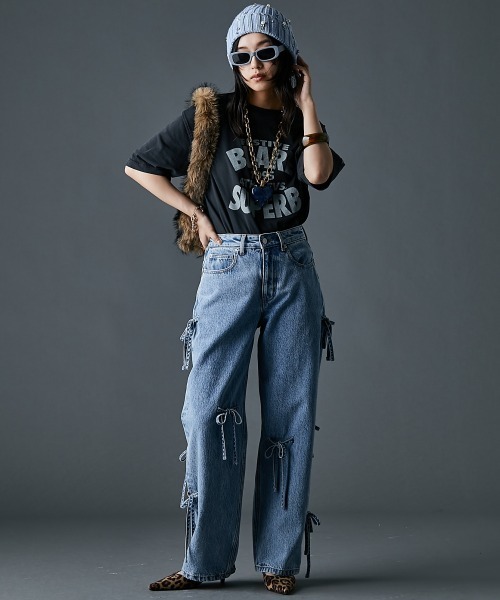 GEVS.（ジェイヴィス）の「綿100％リボンディティールデニムパンツ＜大きいサイズ有＞GEVS.（デニムパンツ・レディース・ブラック系/ブルー系・122/114/106/98/96/92/88/84/80/76/73）」の4枚目の写真