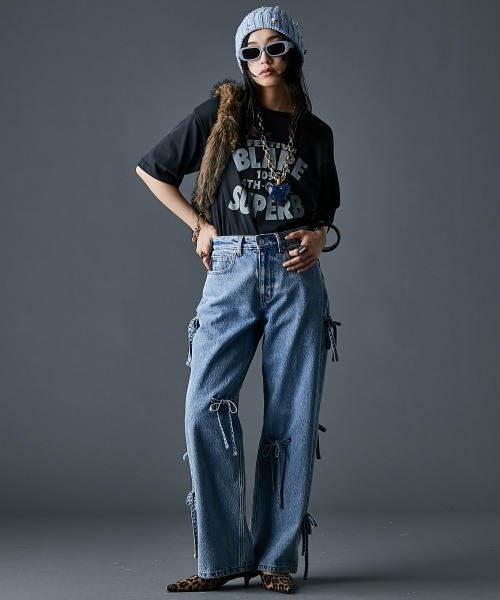 GEVS.（ジェイヴィス）の「綿100％リボンディティールデニムパンツ＜大きいサイズ有＞GEVS.（デニムパンツ・レディース・ブラック系/ブルー系・122/114/106/98/96/92/88/84/80/76/73）」の5枚目の写真