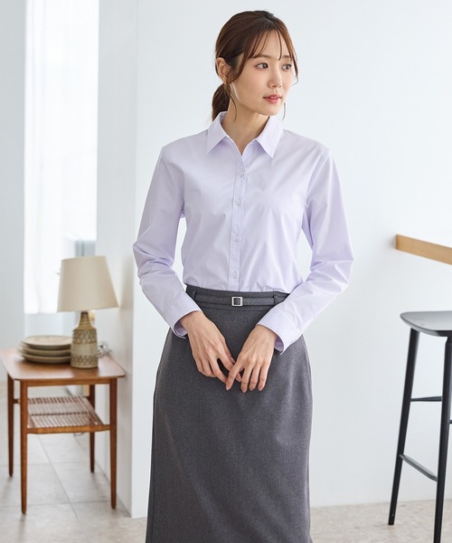 Honeys(ハニーズ)の「【らくらくアイロン】らくらくスキッパーシャツ(ビジネスシャツ・レディース・ライトパープル/サックスブルー系/ホワイト/ライトグレー系/ホワイト×ブラック/ネイビー/ブラック・3L/L/LL/M/S)」の12枚目の写真