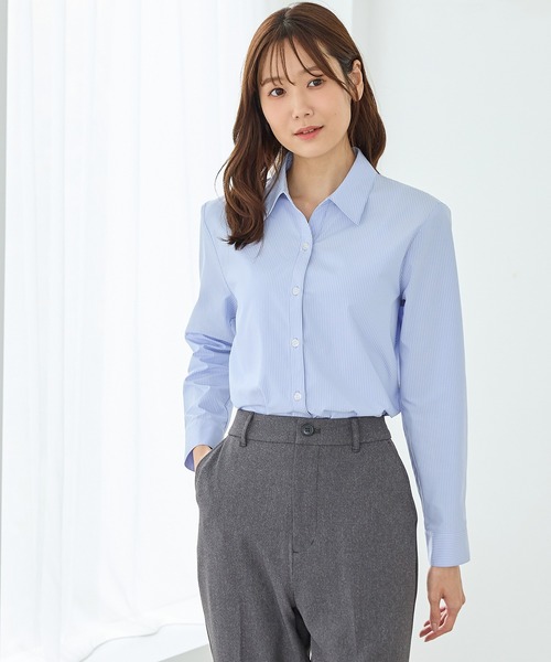 Honeys(ハニーズ)の「【らくらくアイロン】らくらくスキッパーシャツ(ビジネスシャツ・レディース・ライトパープル/サックスブルー系/ホワイト/ライトグレー系/ホワイト×ブラック/ネイビー/ブラック・3L/L/LL/M/S)」の17枚目の写真