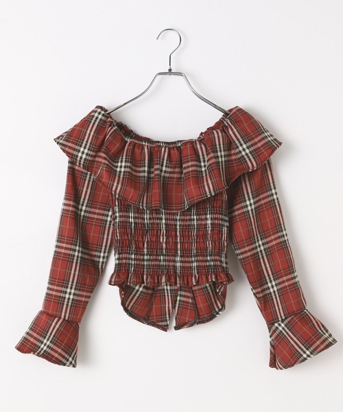 3.3 Field Trip （3.3フィールドトリップ）の「3.3 Field Trip／チェックオフショルブラウス（シャツ/ブラウス・レディース・ネイビー/ブラウン/レッド・FREE）」の4枚目の写真