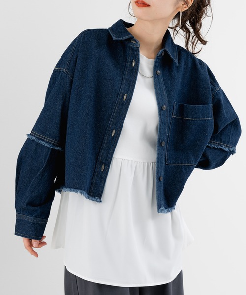 SABUROKU（サブロク）の「【SABUROKU】 旬なシルエットで魅せる デニム ショート丈 シャツ（シャツ/ブラウス・レディース・インディゴブルー/ブラック・M）」の2枚目の写真