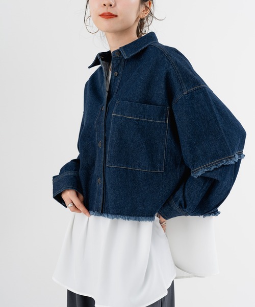 SABUROKU（サブロク）の「【SABUROKU】 旬なシルエットで魅せる デニム ショート丈 シャツ（シャツ/ブラウス・レディース・インディゴブルー/ブラック・M）」の9枚目の写真