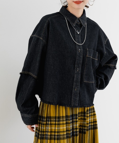 SABUROKU（サブロク）の「【SABUROKU】 旬なシルエットで魅せる デニム ショート丈 シャツ（シャツ/ブラウス・レディース・インディゴブルー/ブラック・M）」の15枚目の写真