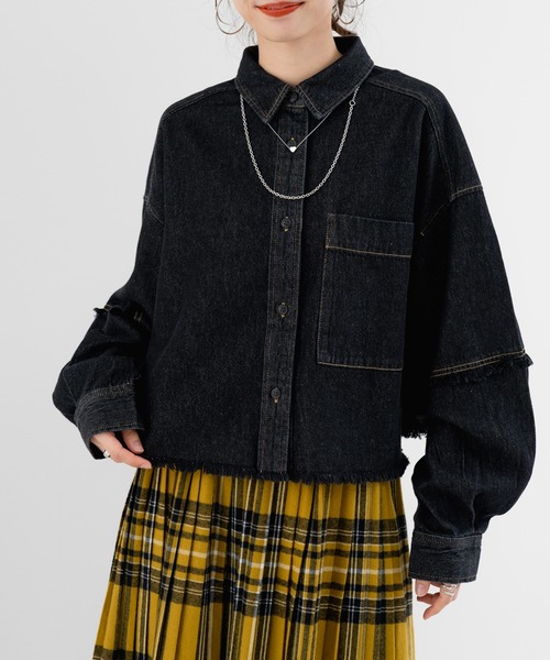 SABUROKU（サブロク）の「【SABUROKU】 旬なシルエットで魅せる デニム ショート丈 シャツ（シャツ/ブラウス・レディース・インディゴブルー/ブラック・M）」の17枚目の写真