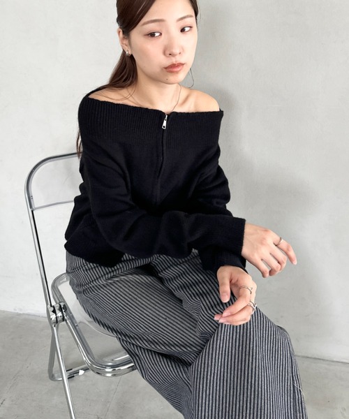 Bamm(バム)の「ダブルジップオフショルニットトップス(ニット/セーター・レディース・ブラウン/ブラック/グレー・FREE)」の7枚目の写真