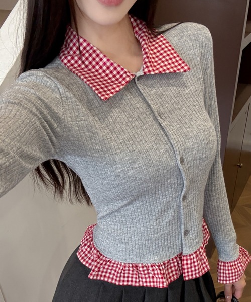 Sibra（シブラ）の「配色チェック切替リブニットカーディガン（丸首/シャツカラー）（カーディガン/ボレロ・レディース・レッド/グリーン/グレー系その他/ピンク系その他/グレー/グリーン系その他/レッド系/ピンク・M）」の3枚目の写真