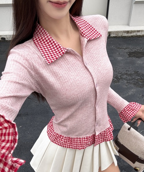 Sibra（シブラ）の「配色チェック切替リブニットカーディガン（丸首/シャツカラー）（カーディガン/ボレロ・レディース・レッド/グリーン/グレー系その他/ピンク系その他/グレー/グリーン系その他/レッド系/ピンク・M）」の6枚目の写真