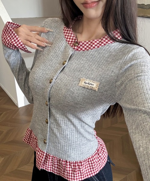 Sibra（シブラ）の「配色チェック切替リブニットカーディガン（丸首/シャツカラー）（カーディガン/ボレロ・レディース・レッド/グリーン/グレー系その他/ピンク系その他/グレー/グリーン系その他/レッド系/ピンク・M）」の2枚目の写真