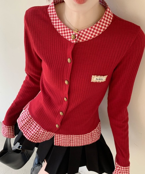 Sibra（シブラ）の「配色チェック切替リブニットカーディガン（丸首/シャツカラー）（カーディガン/ボレロ・レディース・レッド/グリーン/グレー系その他/ピンク系その他/グレー/グリーン系その他/レッド系/ピンク・M）」の7枚目の写真