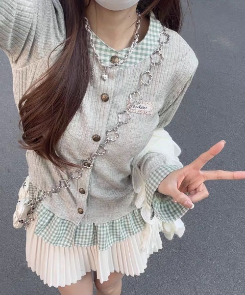 セール】配色チェック切替リブニットカーディガン（丸首/シャツカラー