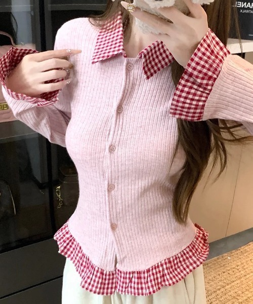 Sibra（シブラ）の「配色チェック切替リブニットカーディガン（丸首/シャツカラー）（カーディガン/ボレロ・レディース・レッド/グリーン/グレー系その他/ピンク系その他/グレー/グリーン系その他/レッド系/ピンク・M）」の16枚目の写真