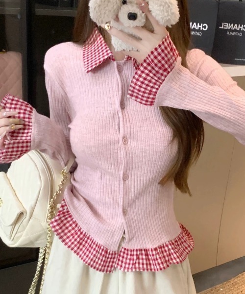 Sibra（シブラ）の「配色チェック切替リブニットカーディガン（丸首/シャツカラー）（カーディガン/ボレロ・レディース・レッド/グリーン/グレー系その他/ピンク系その他/グレー/グリーン系その他/レッド系/ピンク・M）」の17枚目の写真