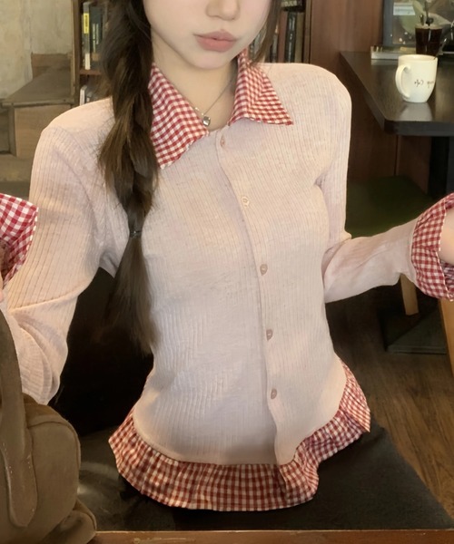 Sibra（シブラ）の「配色チェック切替リブニットカーディガン（丸首/シャツカラー）（カーディガン/ボレロ・レディース・レッド/グリーン/グレー系その他/ピンク系その他/グレー/グリーン系その他/レッド系/ピンク・M）」の18枚目の写真