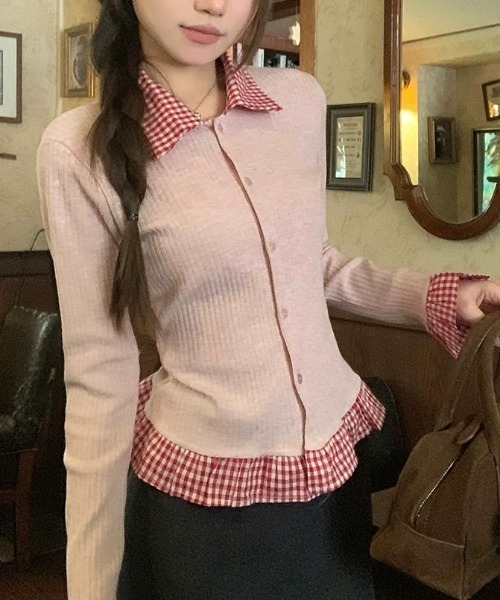 Sibra（シブラ）の「配色チェック切替リブニットカーディガン（丸首/シャツカラー）（カーディガン/ボレロ・レディース・レッド/グリーン/グレー系その他/ピンク系その他/グレー/グリーン系その他/レッド系/ピンク・M）」の20枚目の写真