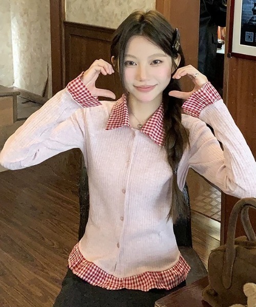 Sibra（シブラ）の「配色チェック切替リブニットカーディガン（丸首/シャツカラー）（カーディガン/ボレロ・レディース・レッド/グリーン/グレー系その他/ピンク系その他/グレー/グリーン系その他/レッド系/ピンク・M）」の21枚目の写真