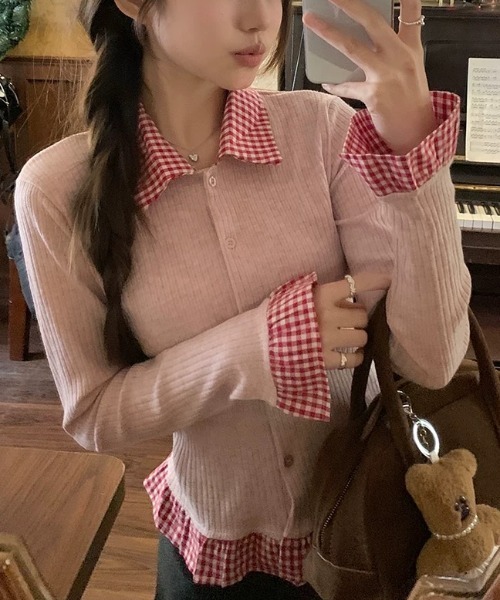 Sibra（シブラ）の「配色チェック切替リブニットカーディガン（丸首/シャツカラー）（カーディガン/ボレロ・レディース・レッド/グリーン/グレー系その他/ピンク系その他/グレー/グリーン系その他/レッド系/ピンク・M）」の19枚目の写真