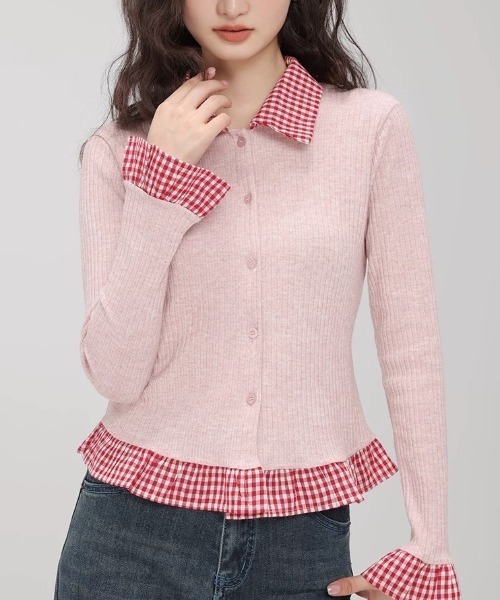 Sibra（シブラ）の「配色チェック切替リブニットカーディガン（丸首/シャツカラー）（カーディガン/ボレロ・レディース・レッド/グリーン/グレー系その他/ピンク系その他/グレー/グリーン系その他/レッド系/ピンク・M）」の9枚目の写真