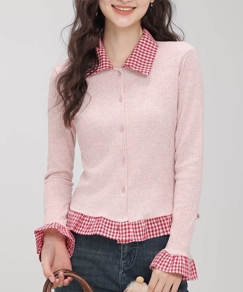 Sibra（シブラ）の「配色チェック切替リブニットカーディガン（丸首/シャツカラー）（カーディガン/ボレロ・レディース・レッド/グリーン/グレー系その他/ピンク系その他/グレー/グリーン系その他/レッド系/ピンク・M）」の10枚目の写真