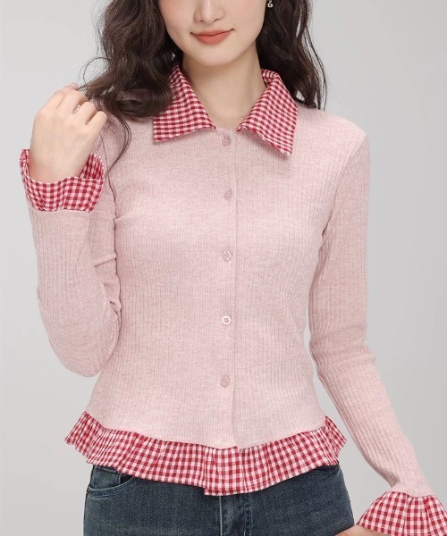 Sibra（シブラ）の「配色チェック切替リブニットカーディガン（丸首/シャツカラー）（カーディガン/ボレロ・レディース・レッド/グリーン/グレー系その他/ピンク系その他/グレー/グリーン系その他/レッド系/ピンク・M）」の11枚目の写真