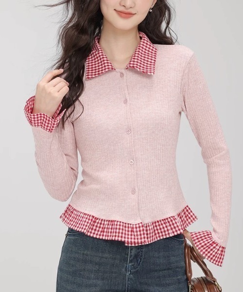 Sibra（シブラ）の「配色チェック切替リブニットカーディガン（丸首/シャツカラー）（カーディガン/ボレロ・レディース・レッド/グリーン/グレー系その他/ピンク系その他/グレー/グリーン系その他/レッド系/ピンク・M）」の13枚目の写真