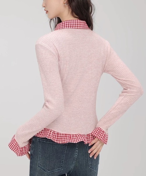 Sibra（シブラ）の「配色チェック切替リブニットカーディガン（丸首/シャツカラー）（カーディガン/ボレロ・レディース・レッド/グリーン/グレー系その他/ピンク系その他/グレー/グリーン系その他/レッド系/ピンク・M）」の14枚目の写真