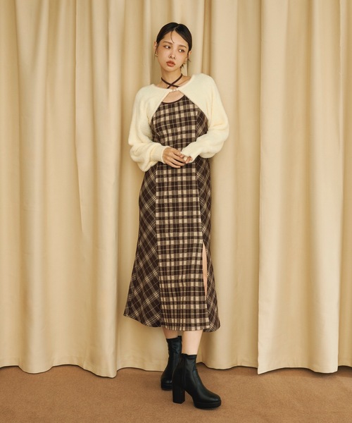 NOMAE シャギーボレロロングチェックワンピース シャギーボレロロング