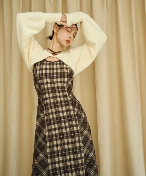 セール】シャギーボレロロングチェックワンピース（ワンピース